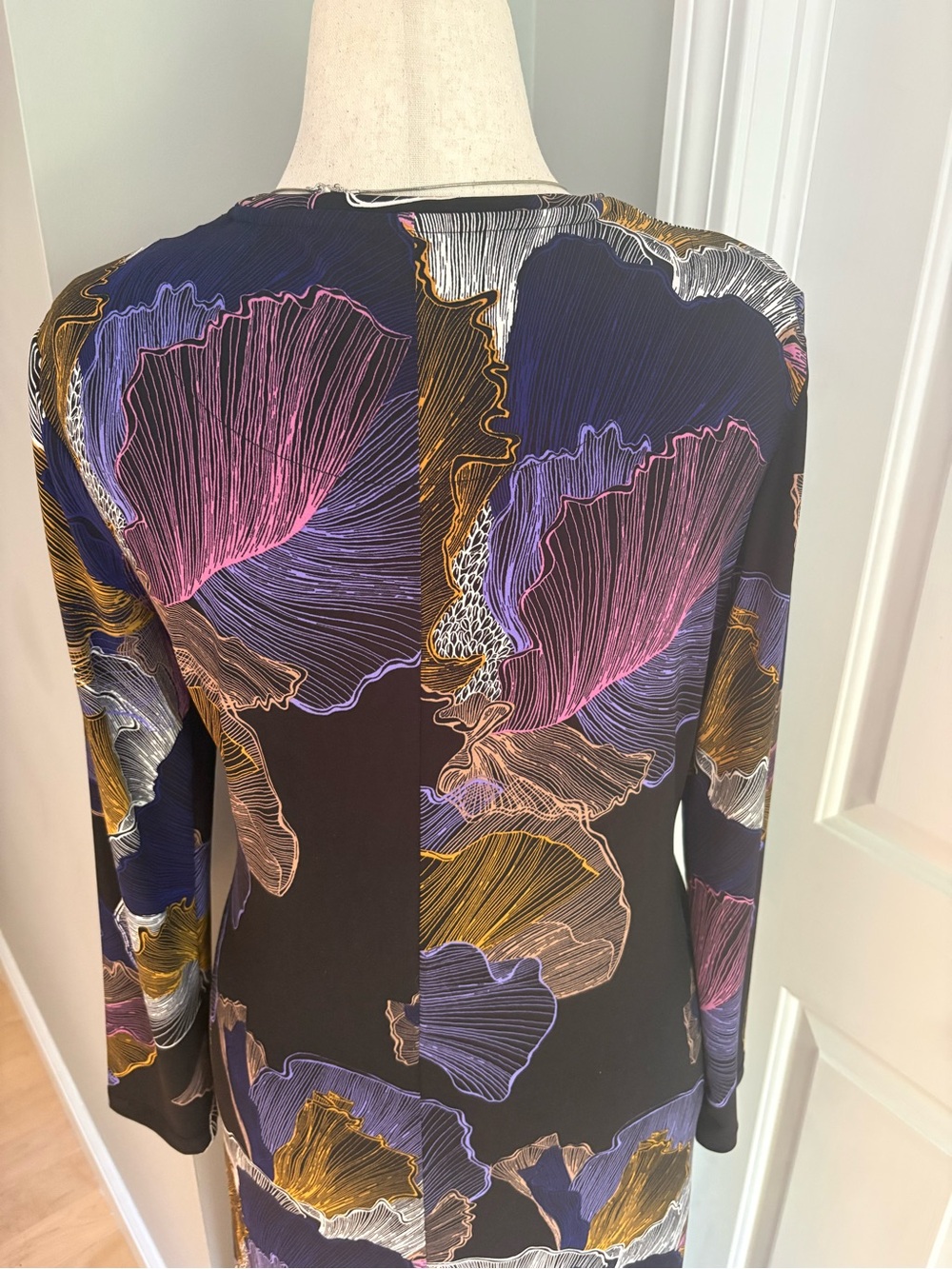 Chico's Black Long Sleeve Floral Maxi Dress with Purple & Gold Accents - Picture 8 of 10